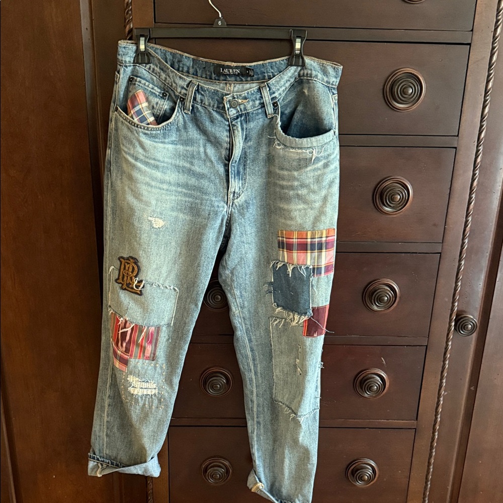 RALPH LAUREN Patchwork Denim Jeans with Plaid Accents/boyfriend